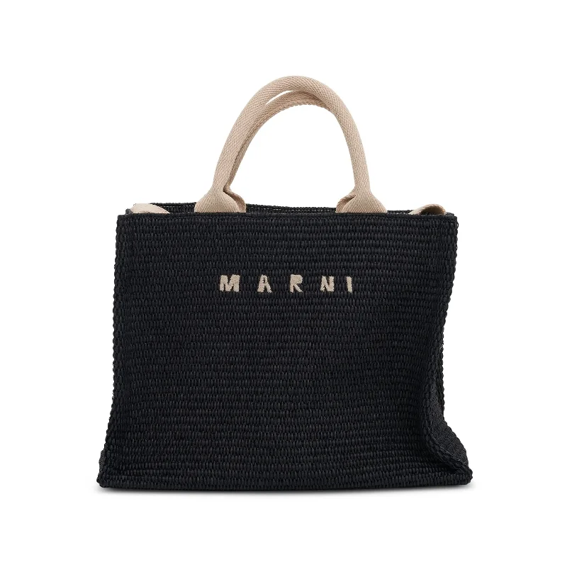 women's handbag with luxurious smooth finish -Raffia Small Tote Bag in Black/Natural