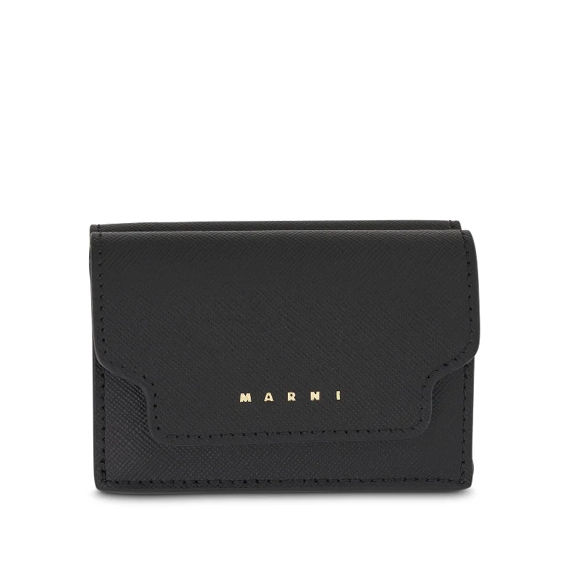 women's wallet with zip closure -Trifold Saffiano Leather Wallet in Black