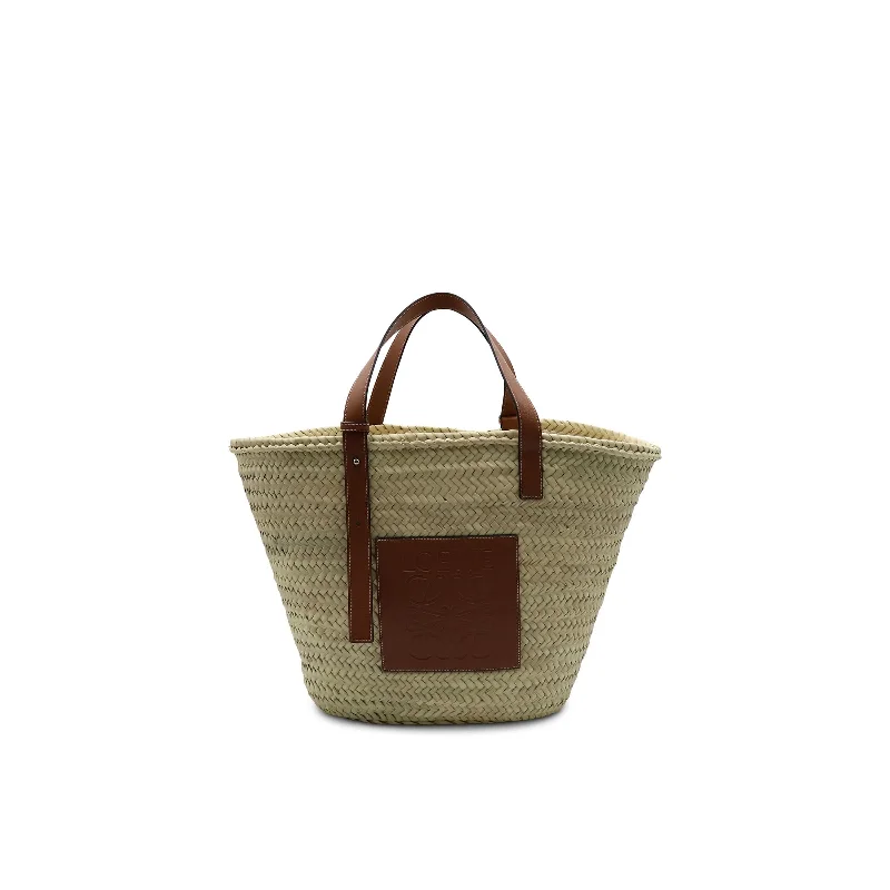 women's handbag with large exterior pocket -Large Basket Bag in Palm Leaf and Calfskin in Natural/Tan