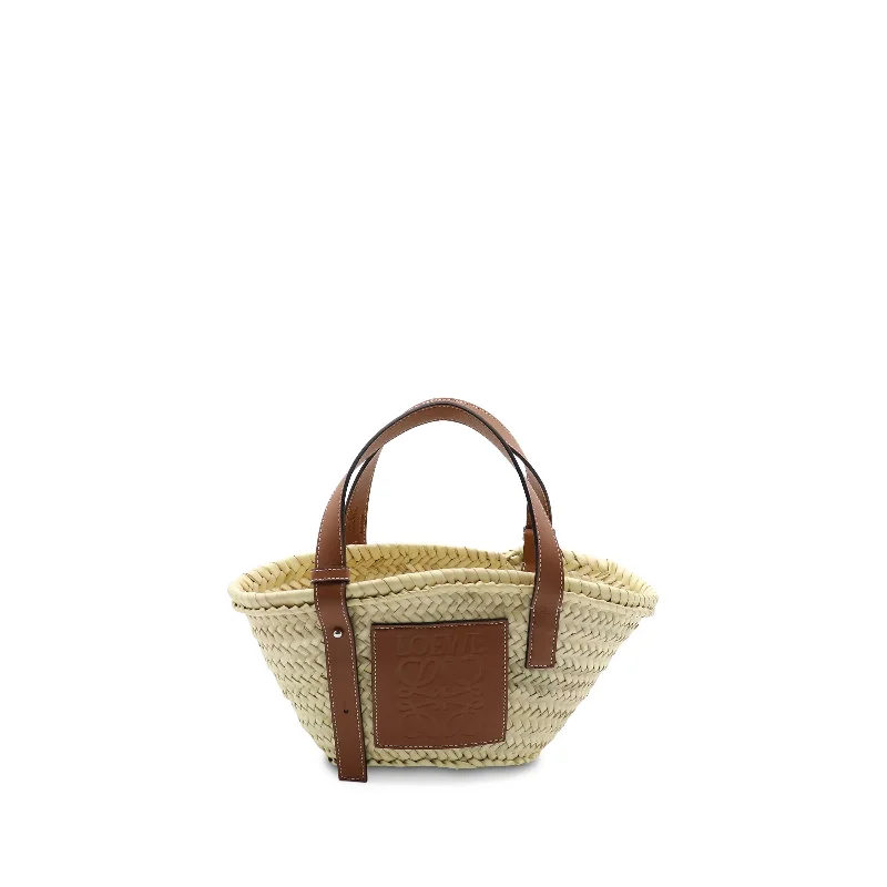 women's handbag with interior coin pocket -Small Basket Bag in Palm Leaf and Calfskin in Natural/Tan