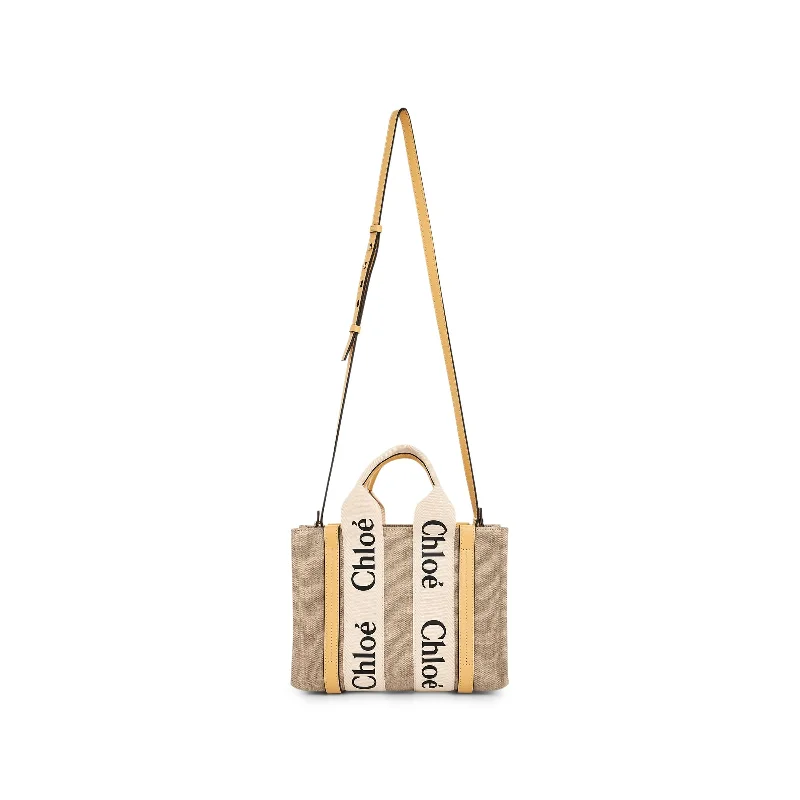 women's handbag with contrasting color interior -Small Woody Tote Bag in Honey Gold