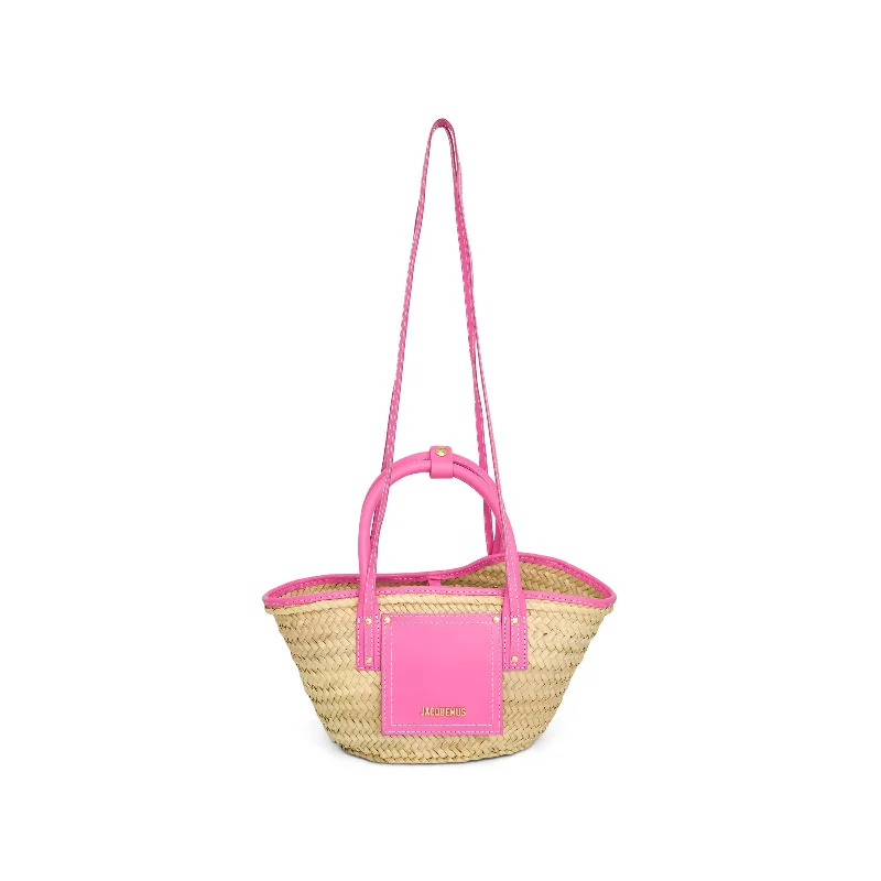 women's handbag with folded leather accent -Le Petit Panier Soli Straw & Leather Bag in Neon Pink