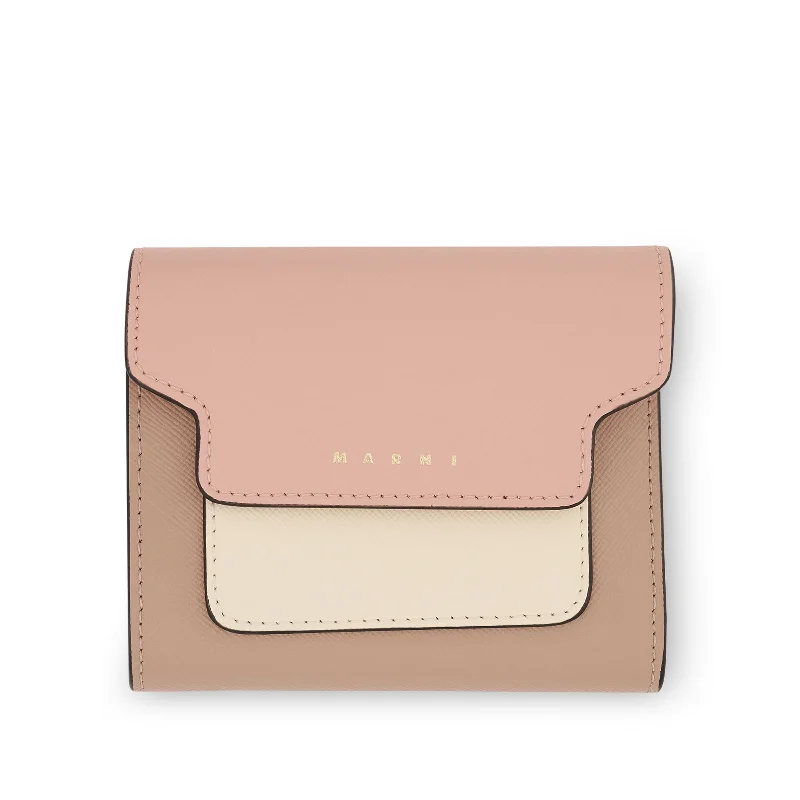 women's wallet with leather and fabric -Logo Squared Flap Wallet in Camellia/Talc