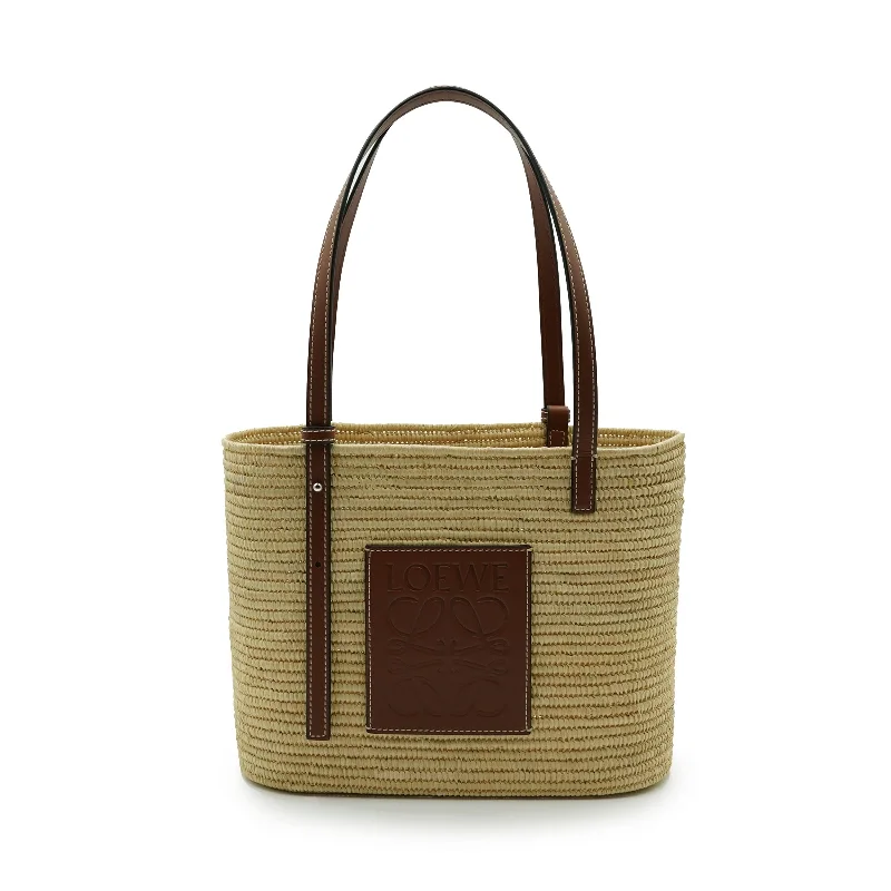 women's handbag with clean structured shape -Small Square Basket Bag in Raffia and Calfskin in Natural