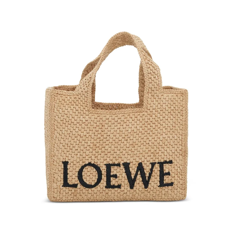 women's handbag with luxury leather lining -Small Logo Font Tote Bag in Raffia and Calfskin in Natural