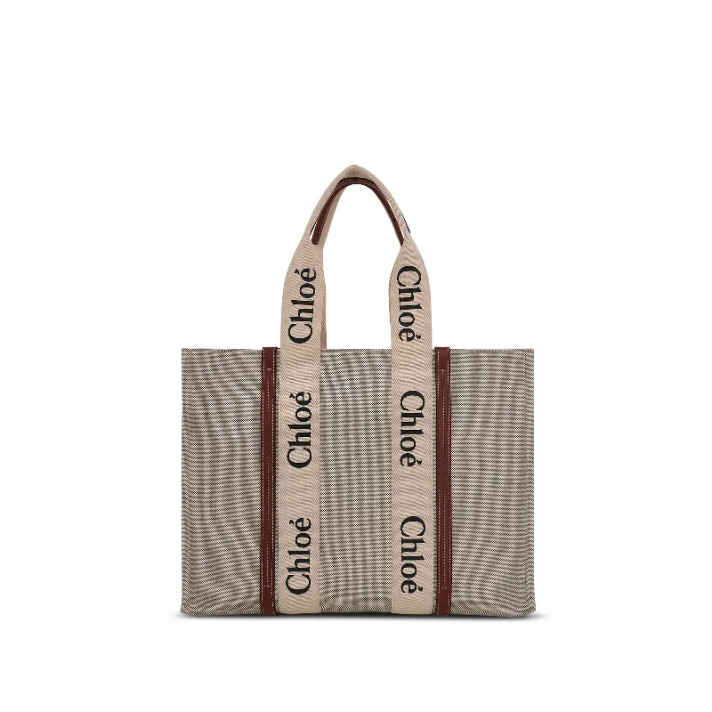 women's handbag with elegant button closure -Large Woody Tote Bag with Strap in White/Brown