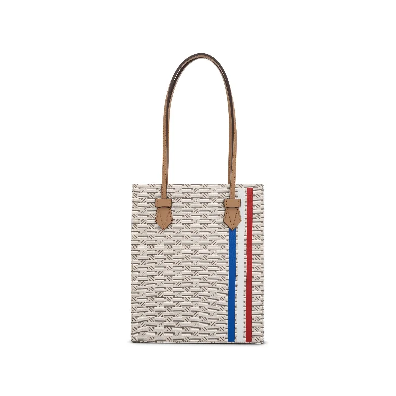 women's handbag with spacious interior -Cannes Vertical Tote GM with Stripes in Champagne