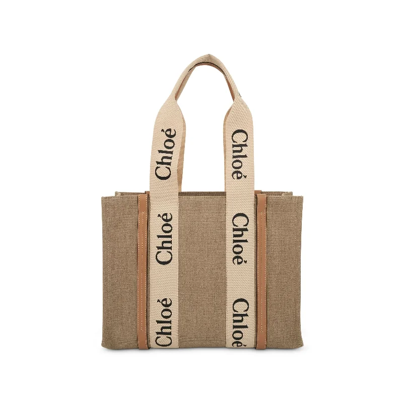 women's handbag with simple yet sophisticated closure -Medium Eco Woody Tote Bag with Strap in White/Beige