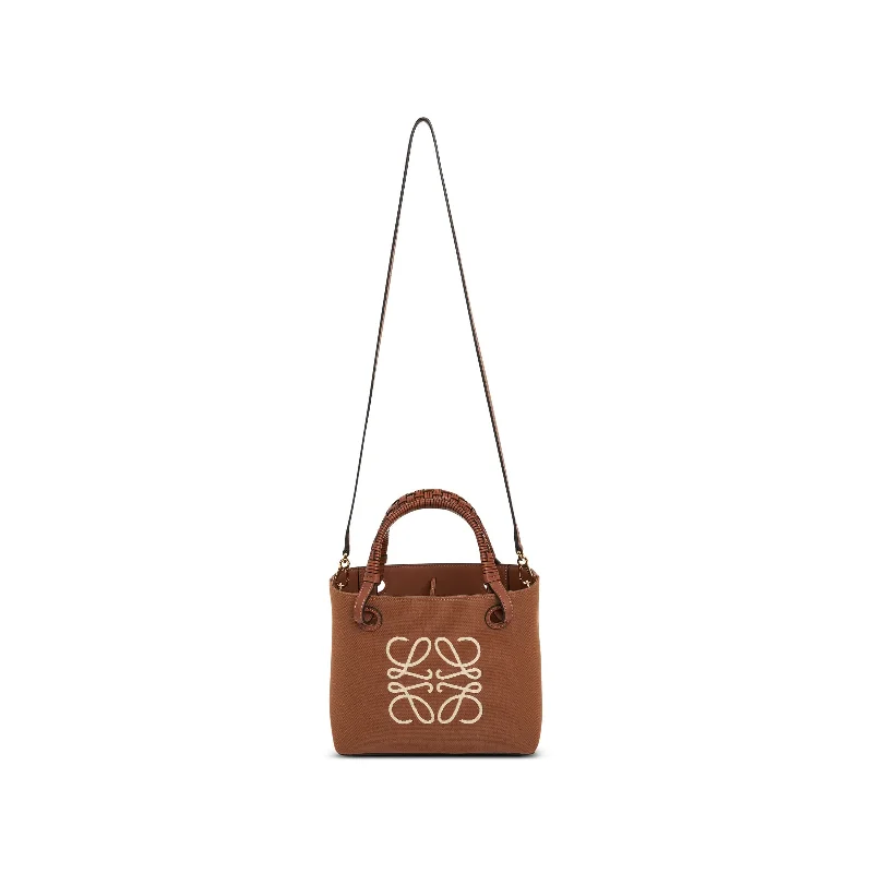 women's handbag with metallic hardware details -Mini Anagram Tote Bag in Jacquard and Calfskin in Tan