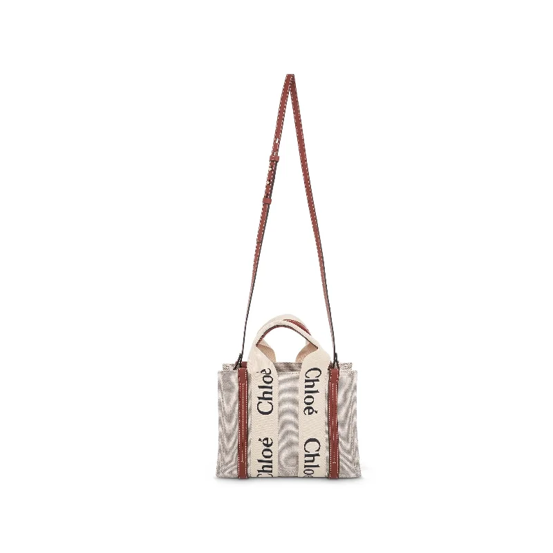 women's handbag with diagonal stripe pattern -Small Eco Woody Tote Bag with Strap in White/Brown