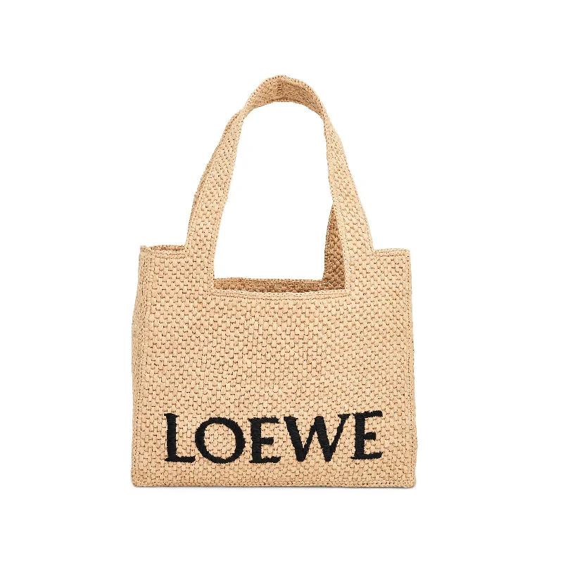 women's handbag with adjustable crossbody strap -Medium Logo Font Tote Bag in Raffia and Calfskin in Natural