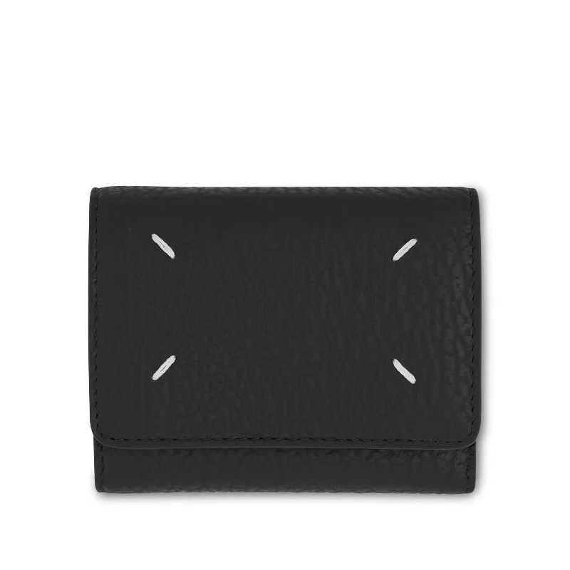 women's wallet with wide cardholder capacity -Four Stitches Tri Fold Wallet in Black