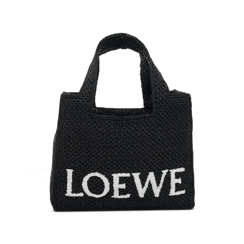 women's handbag with sleek modern closure -Small Logo Font Tote Bag in Raffia and Calfskin in Black