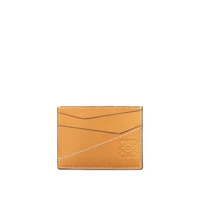 women's wallet with sleek and modern look -Puzzle Stitches Plain Cardholder in Smooth Calfskin in Light Caramel