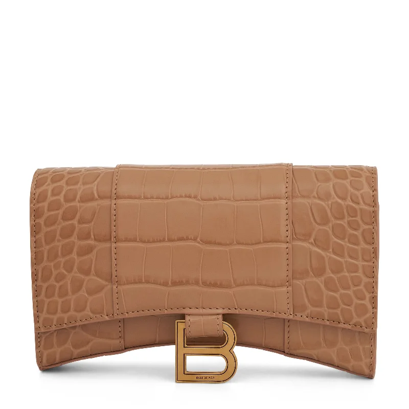 women's wallet with detailed embellishments -Hourglass Embossed Croc Wallet On Chain in Nude Beige