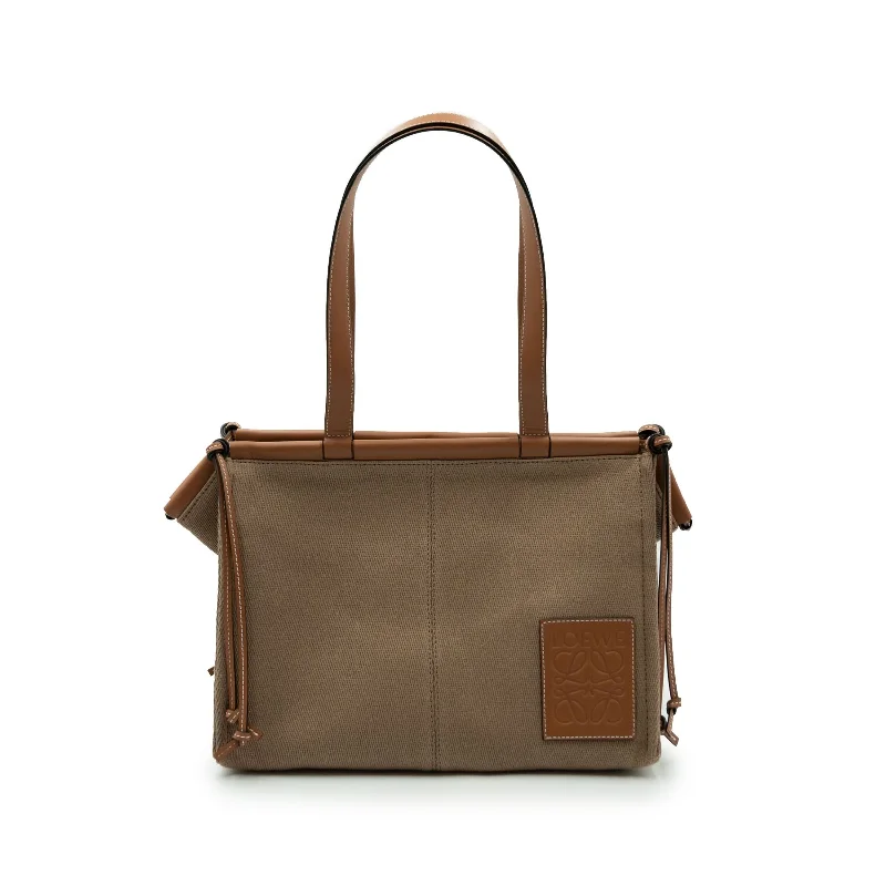 women's handbag with slim and sophisticated shape -Small Cushion Tote Bag in Canvas and Calfskin in Taupe