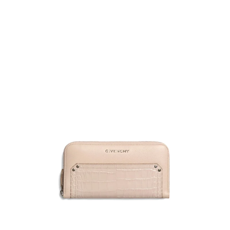 women's wallet with multiple compartments -Pandora Embroidered Zip Wallet in Nude