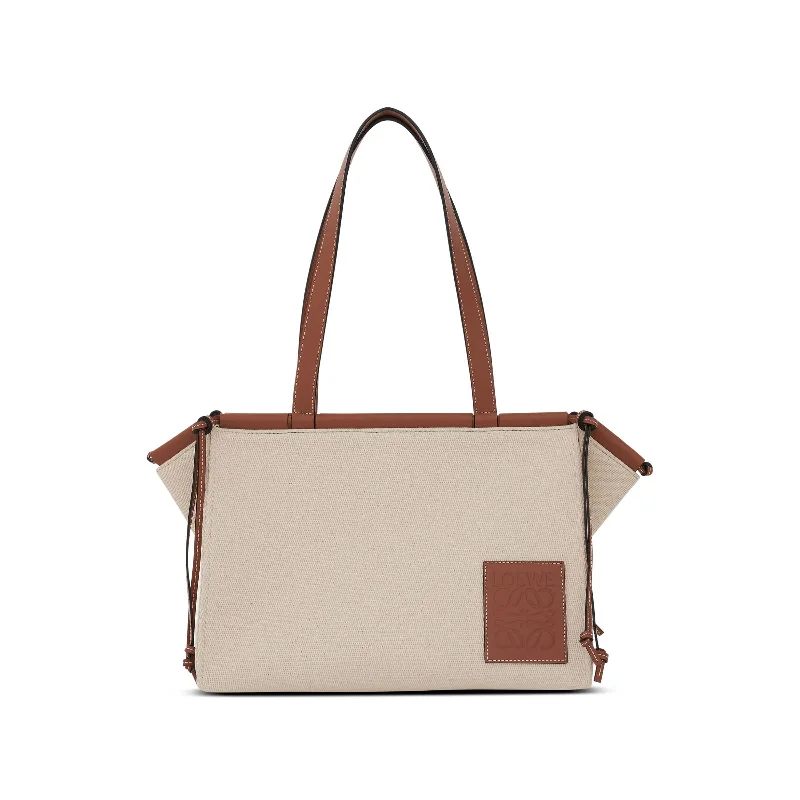 women's handbag with all-leather exterior -Small Cushion Tote Bag in Canvas and Calfskin in Light Oat