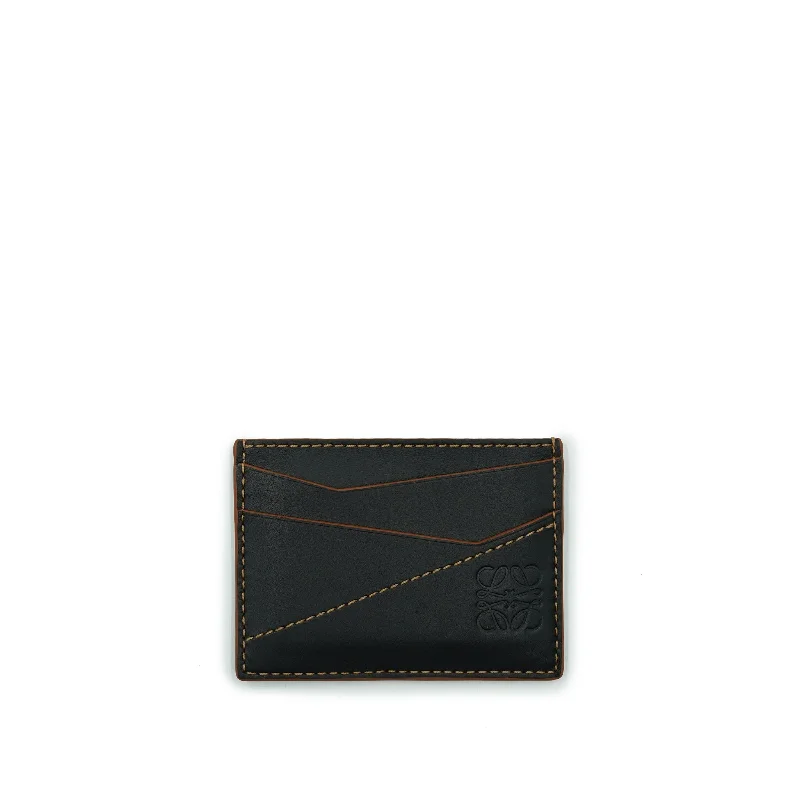 women's wallet with feminine charm -Puzzle Stitches Plain Cardholder in Smooth Calfskin in Black