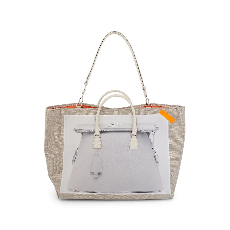 women's handbag with functional wallet pocket -Trompe L'Oeil 5AC Tote Bag in Natural/Grey