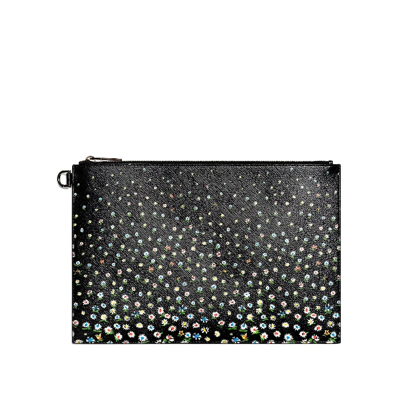 women's wallet with fancy stitching details -Daisies Pouch in Black