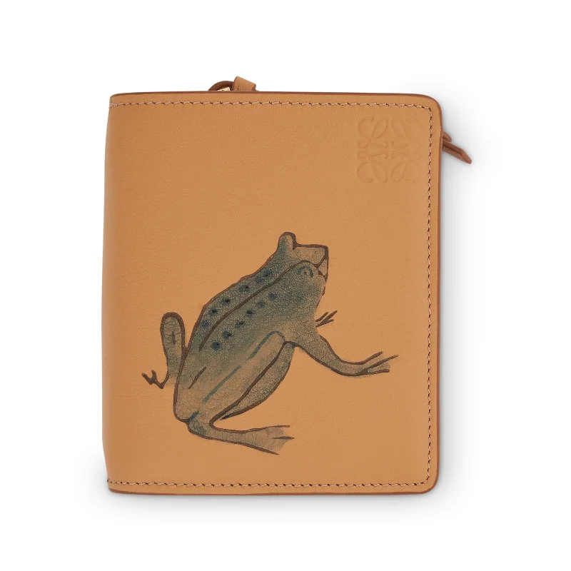 women's wallet with card and cash slots -Frog Compact Zip Wallet in Classic Calfskin in Warm Dessert