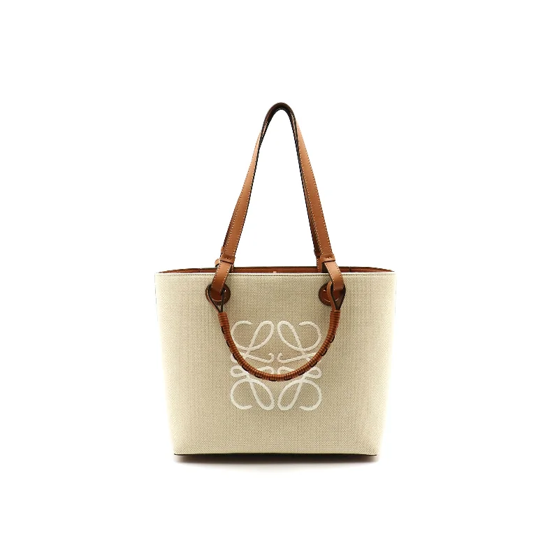 women's handbag with soft, fine leather -Small Anagram Tote Bag in Jacquard and Calfskin in Ecru/Tan