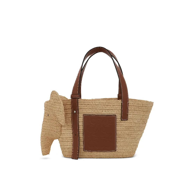 women's handbag with textured accents -Small Elephant Basket Bag in Raffia and Calfskin in Natural/Tan