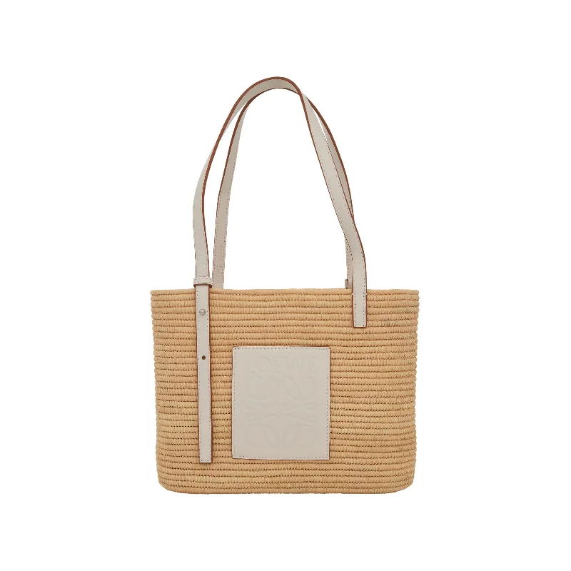 women's handbag with eye-catching design -Small Square Basket Bag in Raffia and Calfskin in Natural/White