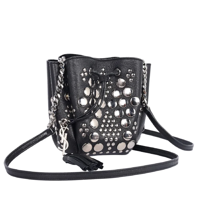 women's bucket bag with boho chic style -Black Leather Small Bucket Bag with Silver Studs