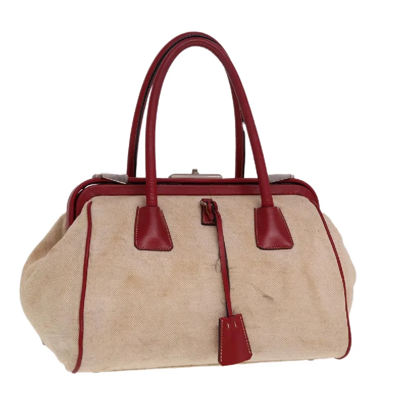 PRADA Hand Bag Canvas Leather Cream Red Auth 78856