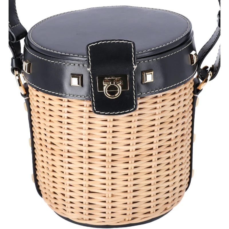 women's bucket bag with premium feel -Salvatore Ferragamo Gancini Drawstring Bucket Bag Wicker Studded Leather + Pouch