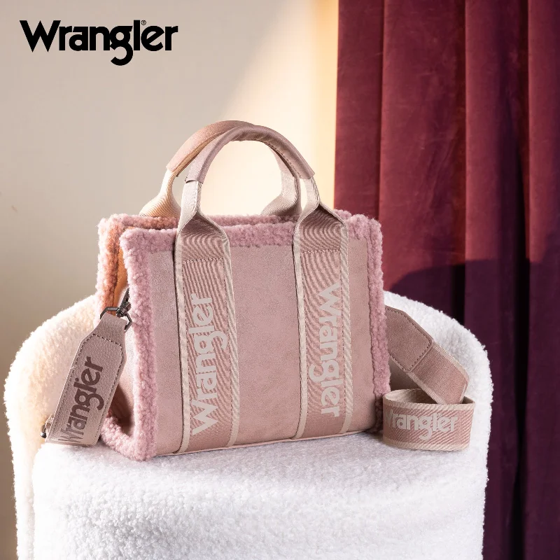 women's tote bag with unique handles -WG181-8120S  Wrangler Sherpa Small Canvas Tote/Crossbody - Pink