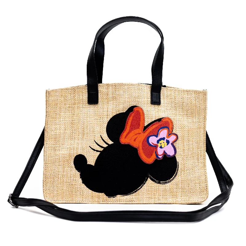 women's tote bag with soft lining -Disney Disney Minnie Mouse Embroidered Raffia Collection Tote Crossbody Bag