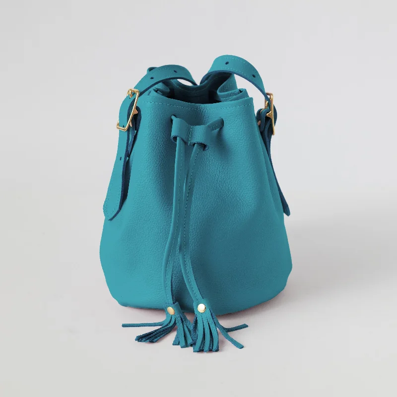 women's bucket bag with floral print -Turquoise Italian Pebbled Bucket Bag