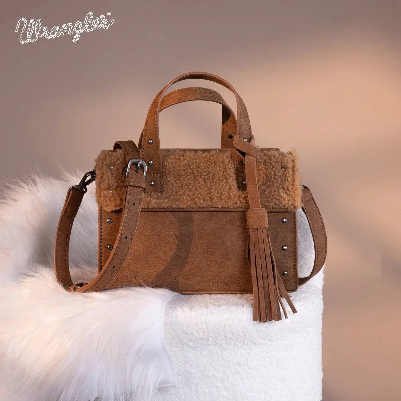 women's tote bag with crossbody option -WG160-6011  Wrangler Sherpa Tote Crossbody - Brown