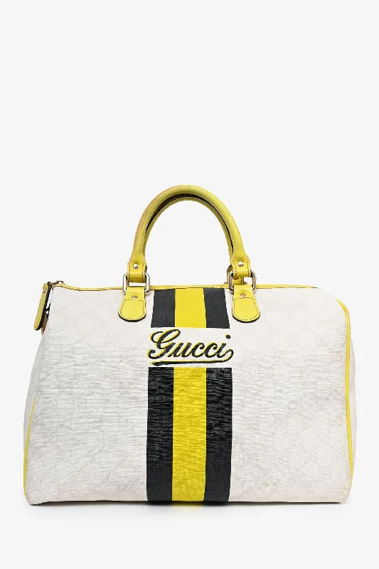 women's handbag with trendy studs -Gucci Cream/Yellow Coated Canvas Boston Bag (As Is)