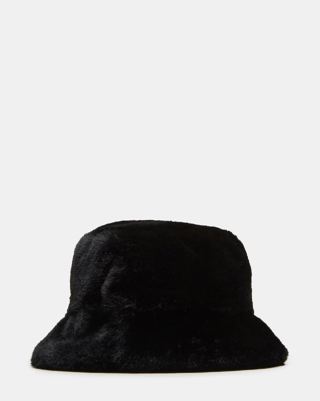 women's bucket bag with hidden compartments -FAUX FUR BUCKET HAT BLACK