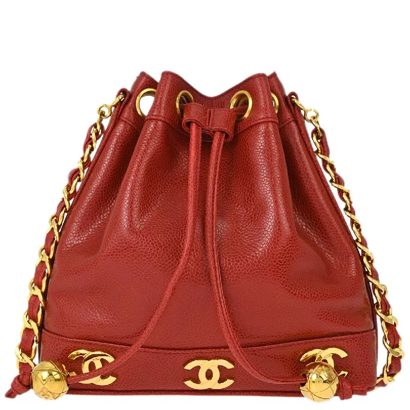 women's bucket bag with unique fabric combinations -Chanel Red Caviar Triple CC Bucket Shoulder Bag