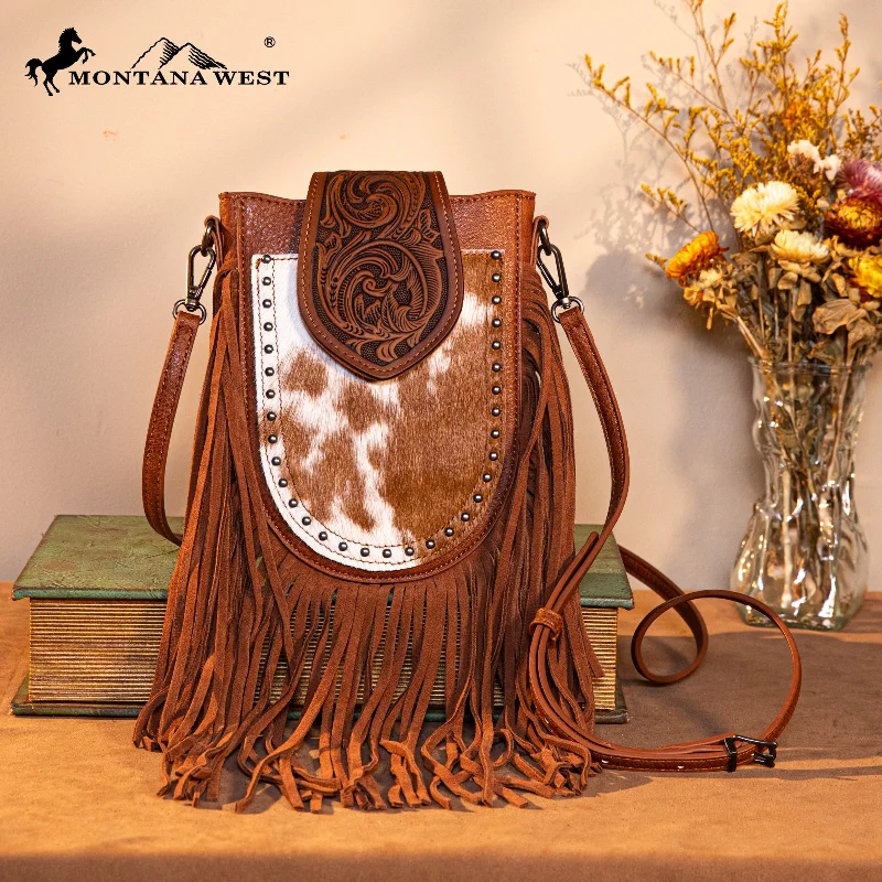 women's handbag with adjustable length strap -TR180-8360  Trinity Ranch Genuine Hair-On Cowhide Tooled Fringe  Crossbody Bag- Brown