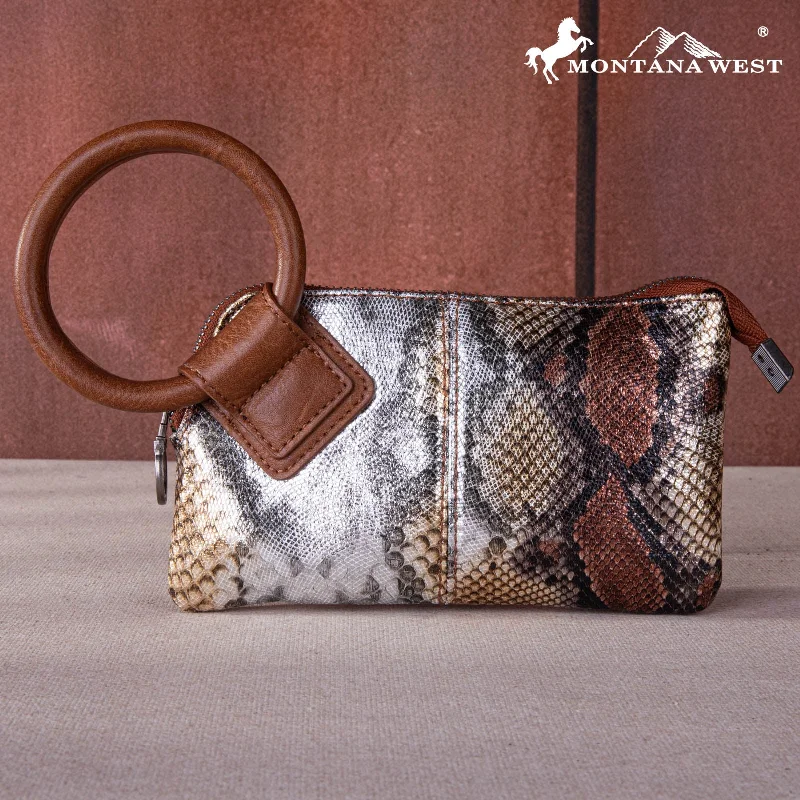 Ladies Crossbody Bag Bold Statement -MW1260-181 Montana West Snake Print Ring Handle Wristlet Clutch Bag