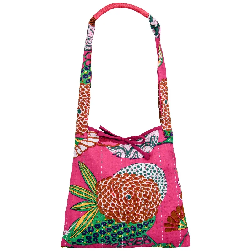 women's dumpling bag with contrasting strap -Bright Hand Stitched Kantha Hobo Bag