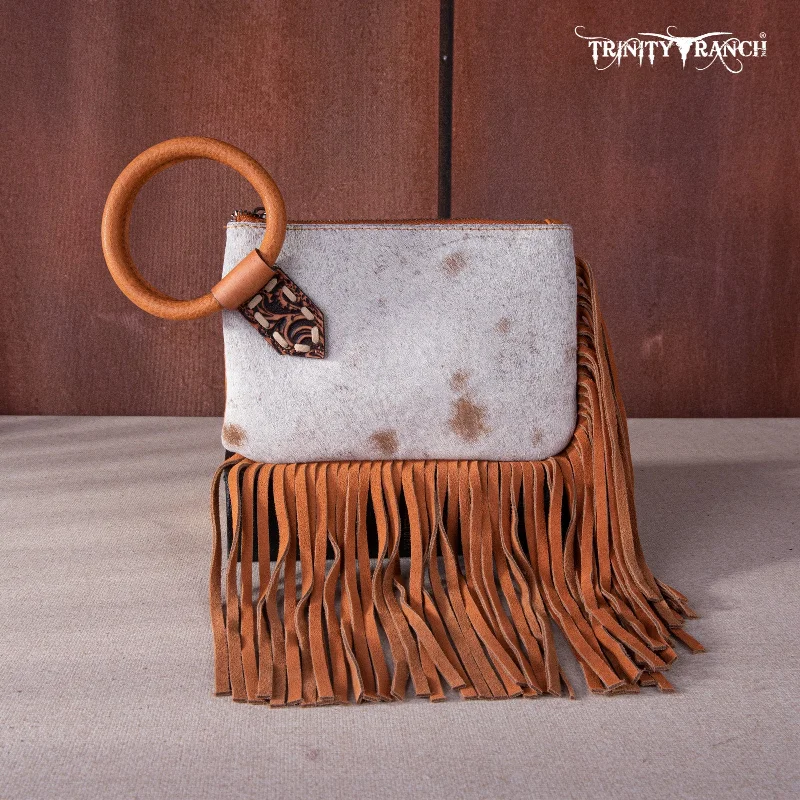 Ladies Crossbody Bag Casual Look -TR167-A181 Trinity Ranch Genuine Hair-On Cowhide Ring Handle Wristlet Clutch Bag - Light Brown