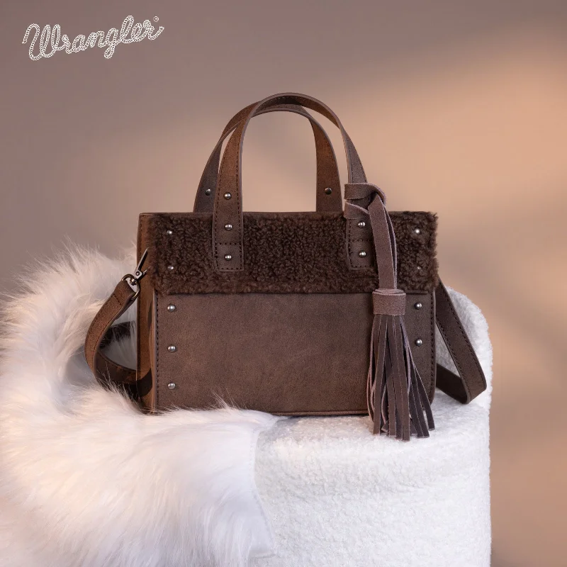 women's tote bag with metal rings -WG160-6011  Wrangler Sherpa Tote Crossbody - Coffee