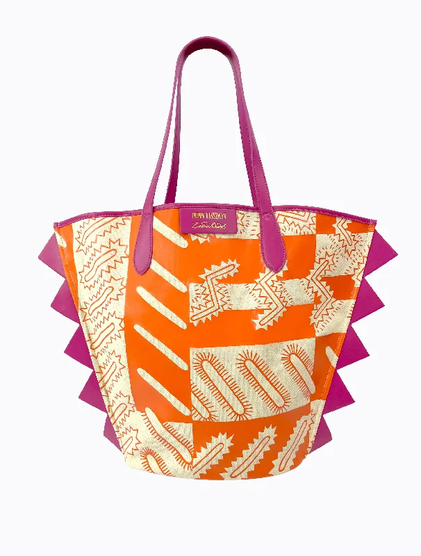 women's tote bag with metallic leather -Geo Sparkle Tote - Orange / Magenta