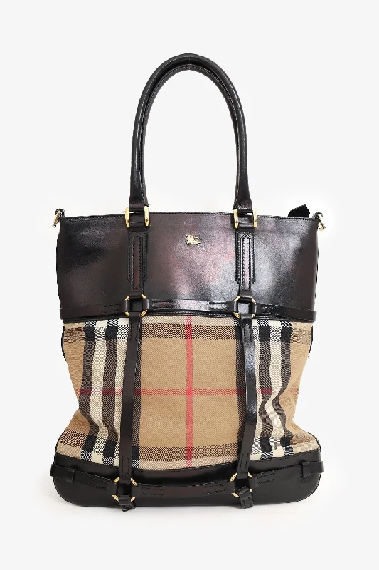 women's handbag with statement zipper -Burberry Beige/Black House Check Canvas/Leather Medium Bridle Lynher Tote