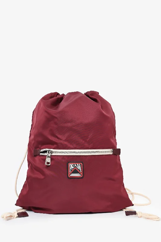 women's handbag with smooth polished surface -Prada 2019 Burgundy Nylon Drawstring Backpack