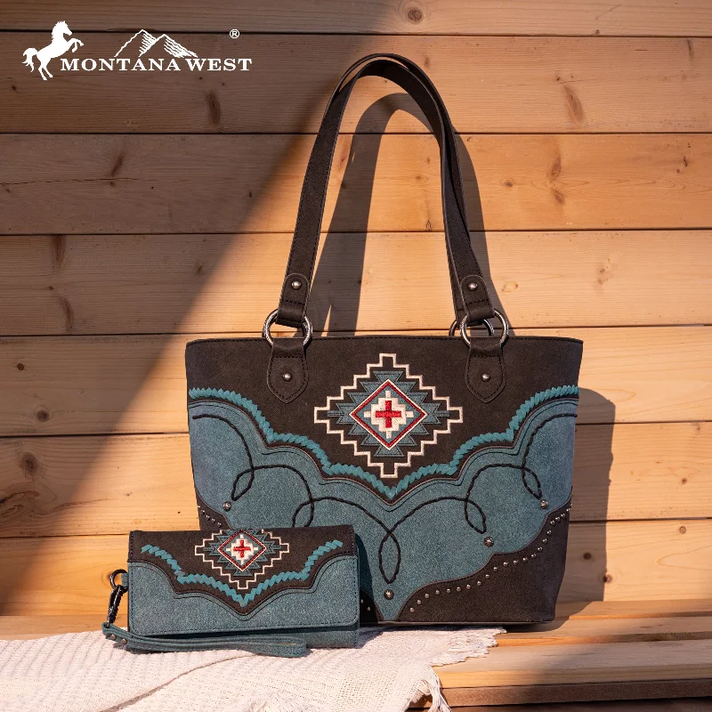 Ladies Crossbody Bag Weekend Style -MW1310G-8317W  Montana West Embroidered Aztec Collection Concealed Carry Tote-Set