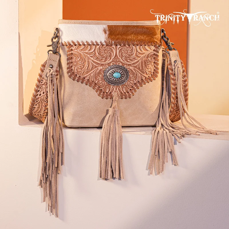 women's handbag with modern, clean lines -TR177G-9360  Trinity Ranch Hair-On Cowhide Floral Tooled  Concealed Carry Crossbody Bag - Tan