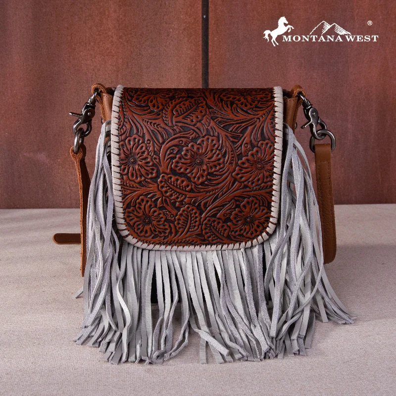 Ladies Crossbody Bag Bright Colors -RLC-L159 Montana West Genuine Leather Tooled Collection Fringe Crossbody -Brown-Tan